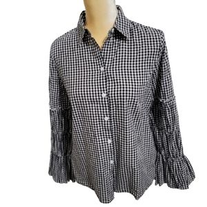 Gingham print bell sleeve buttondown shirt